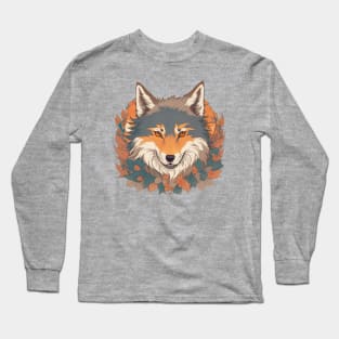 Smiling Wolf face with flowers t-shirt design, apparel, mugs, cases, wall art, stickers, Long Sleeve T-Shirt